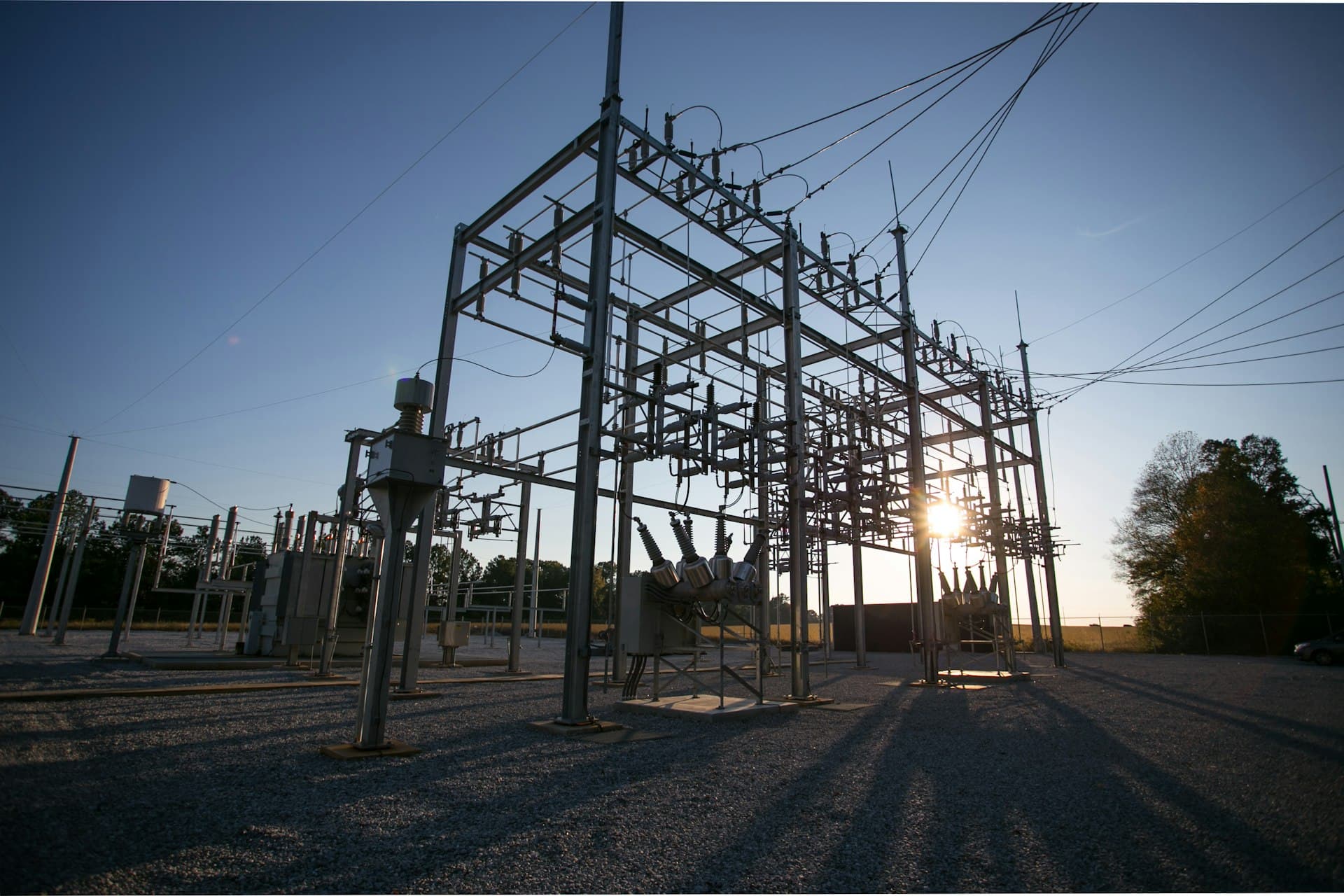 High-voltage substation at dusk